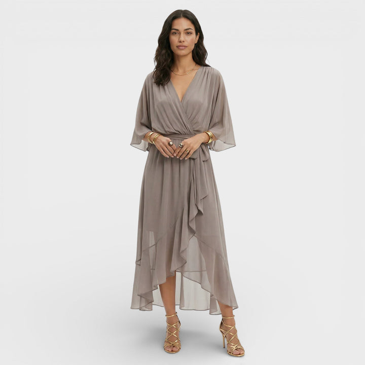 Women's Wrap Midi Dress with V Neck and Tie Waist