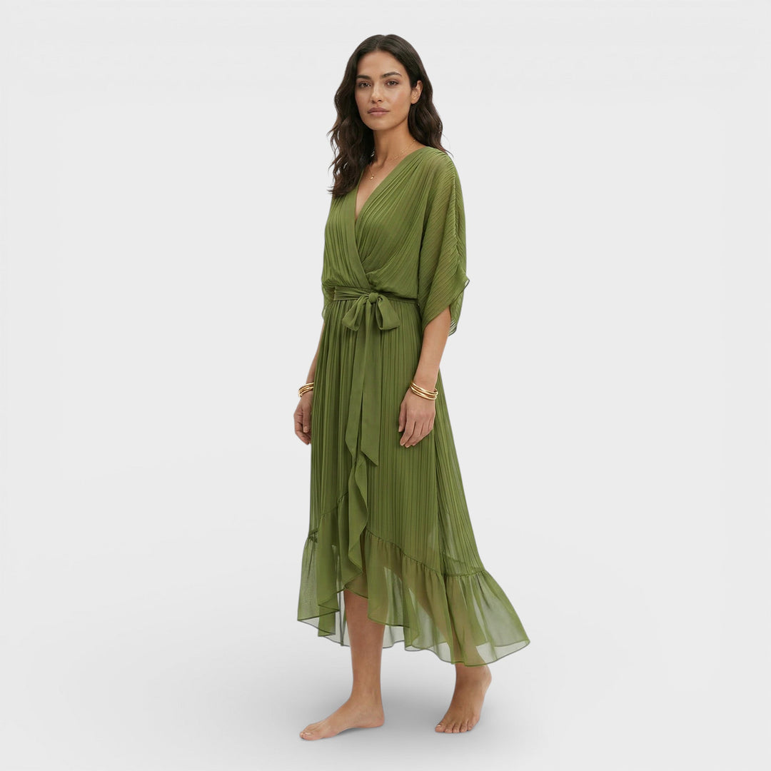 Women's Wrap Midi Dress with V Neck and Tie Waist