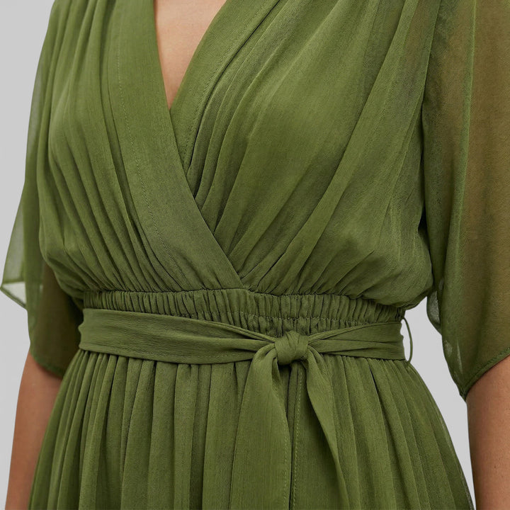 Women's Wrap Midi Dress with V Neck and Tie Waist