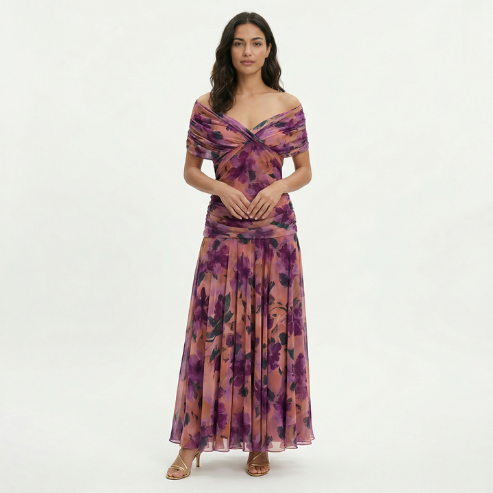 Women's Floral Maxi Dress with Twist Front and Short Sleeves