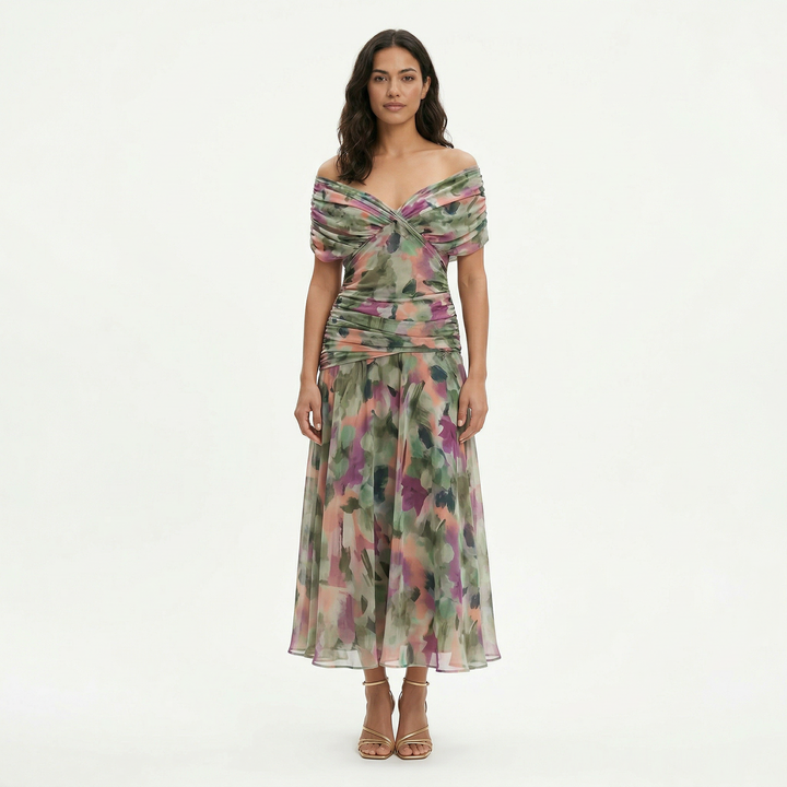 Women's Floral Maxi Dress with Twist Front and Short Sleeves