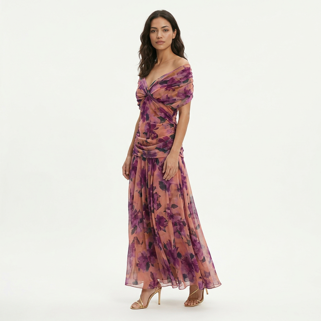 Women's Floral Maxi Dress with Twist Front and Short Sleeves