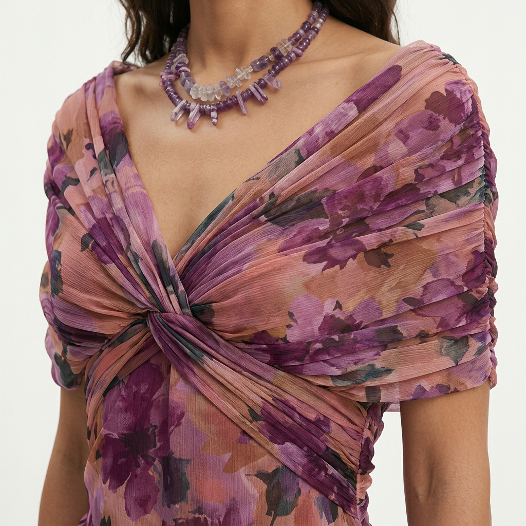 Women's Floral Maxi Dress with Twist Front and Short Sleeves