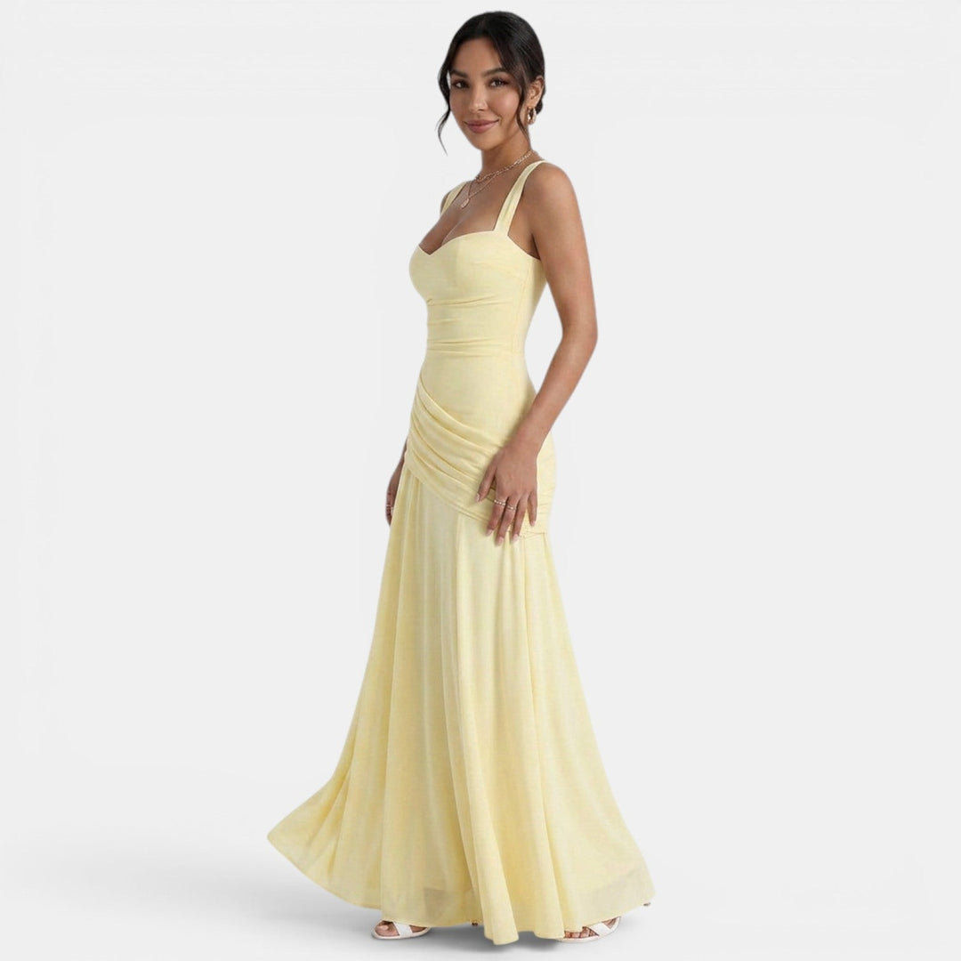 Women's Wedding Guest Maxi Dress with Draped Back and Wide Straps