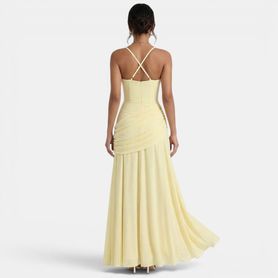 Women's Wedding Guest Maxi Dress with Draped Back and Wide Straps