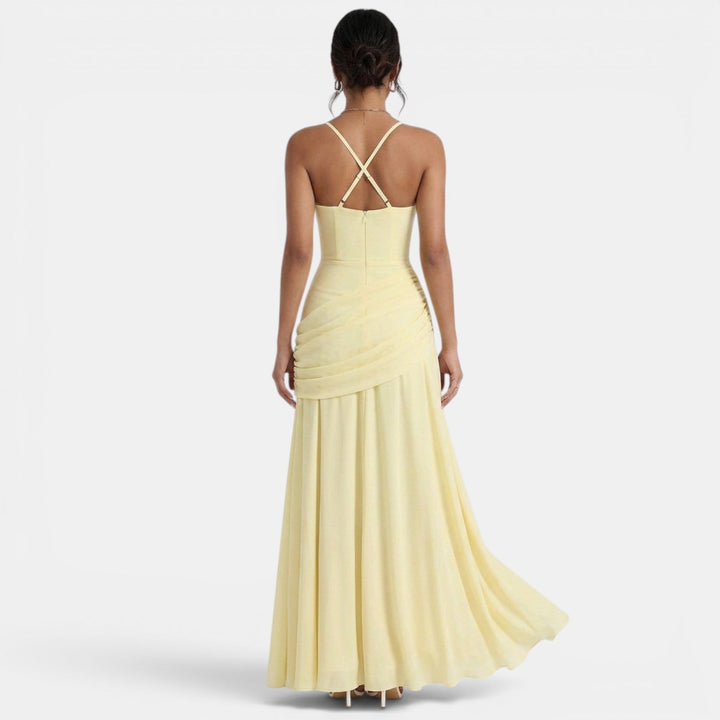 Women's Wedding Guest Maxi Dress with Draped Back and Wide Straps