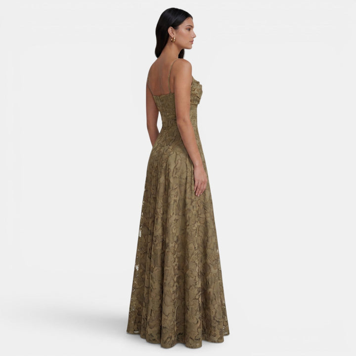Women's Evening Maxi Dress with Strapless Neckline and Floral Lace