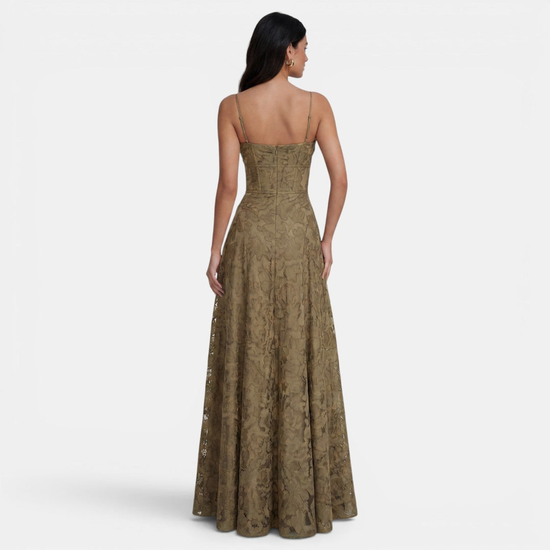 Women's Evening Maxi Dress with Strapless Neckline and Floral Lace