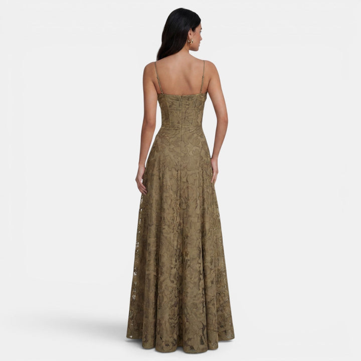 Women's Evening Maxi Dress with Strapless Neckline and Floral Lace