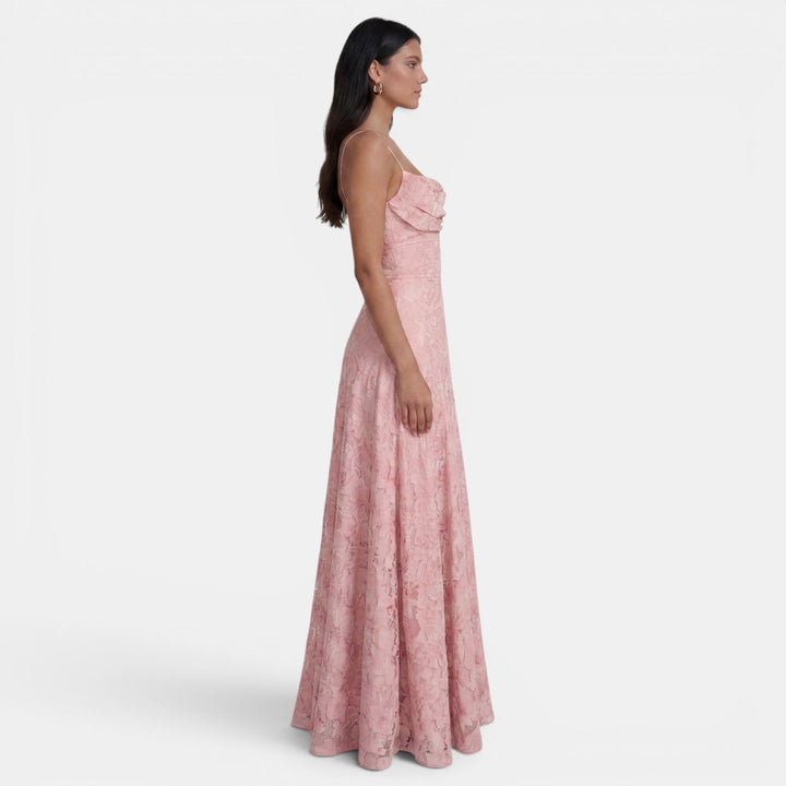 Women's Evening Maxi Dress with Strapless Neckline and Floral Lace