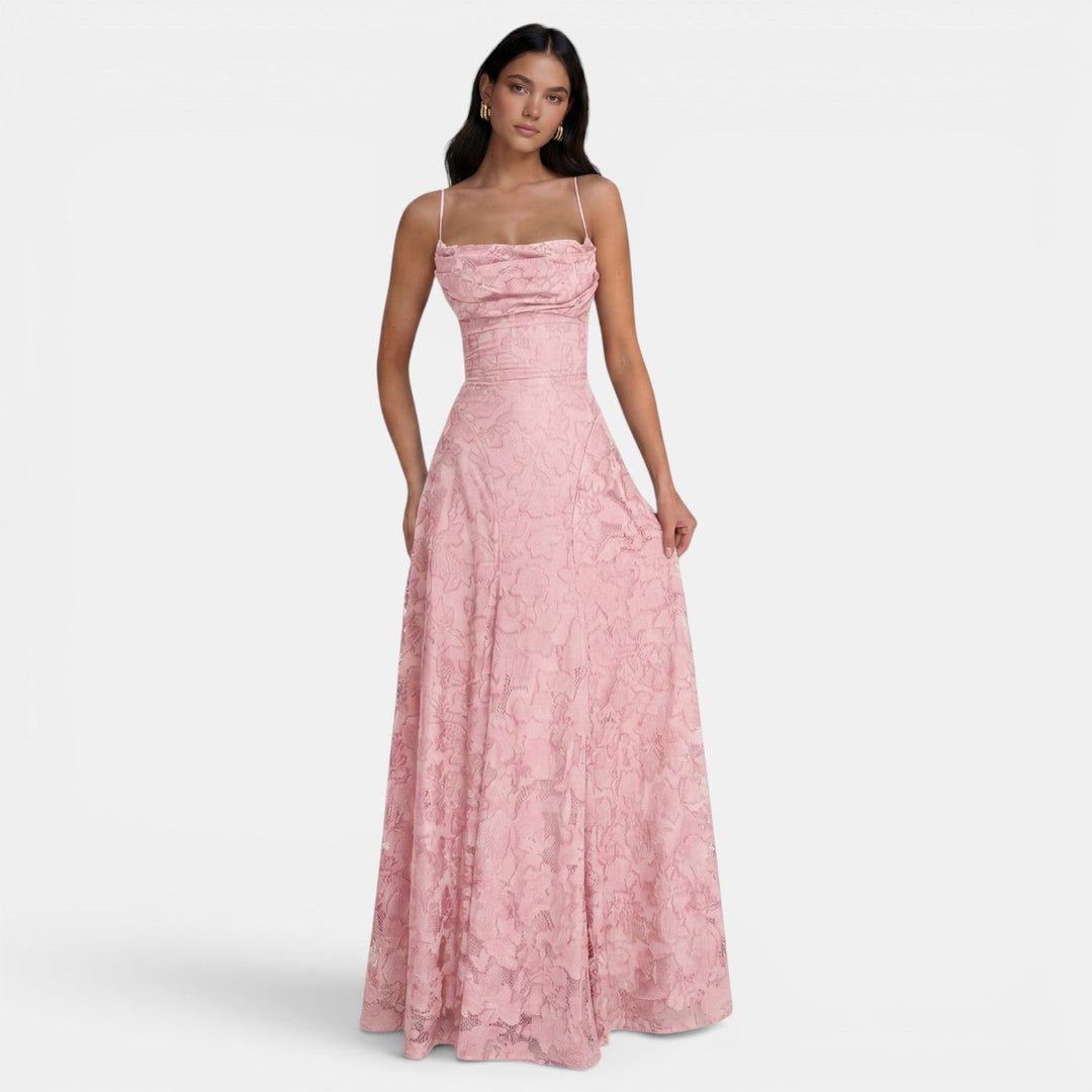 Women's Evening Maxi Dress with Strapless Neckline and Floral Lace