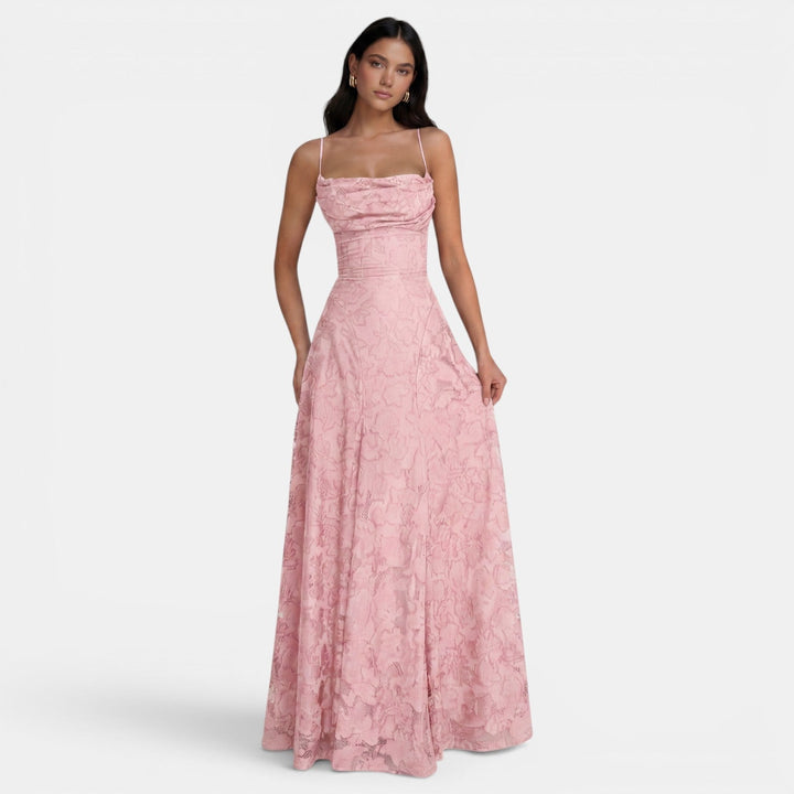 Women's Evening Maxi Dress with Strapless Neckline and Floral Lace