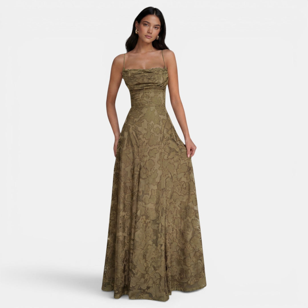 Women's Evening Maxi Dress with Strapless Neckline and Floral Lace