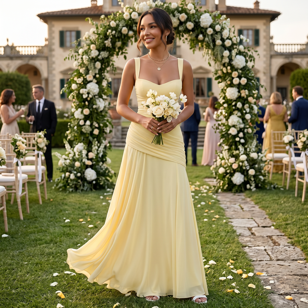 Women's Wedding Guest Maxi Dress with Draped Back and Wide Straps