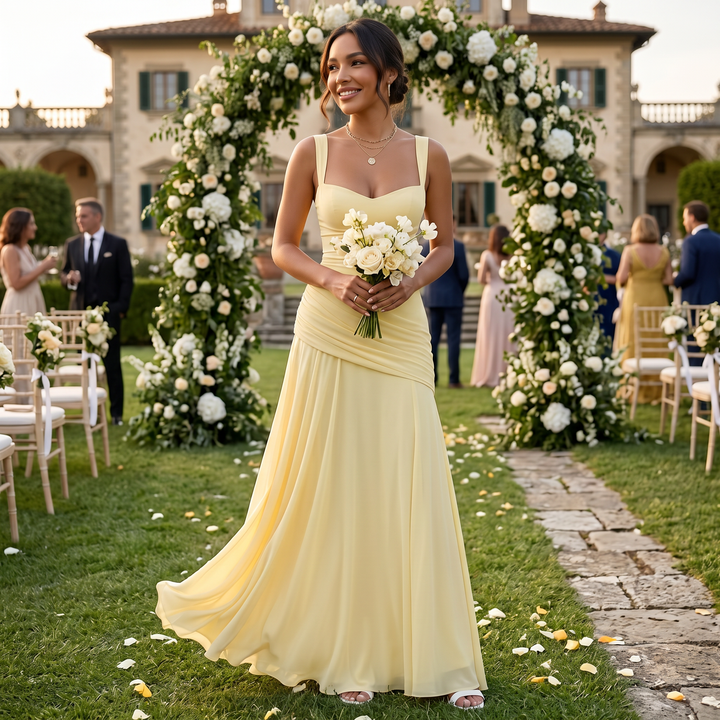 Women's Wedding Guest Maxi Dress with Draped Back and Wide Straps