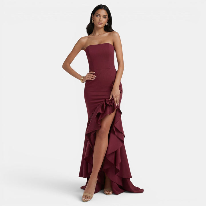 Women's Evening Maxi Dress with Strapless Bustier Ruffles and High Split