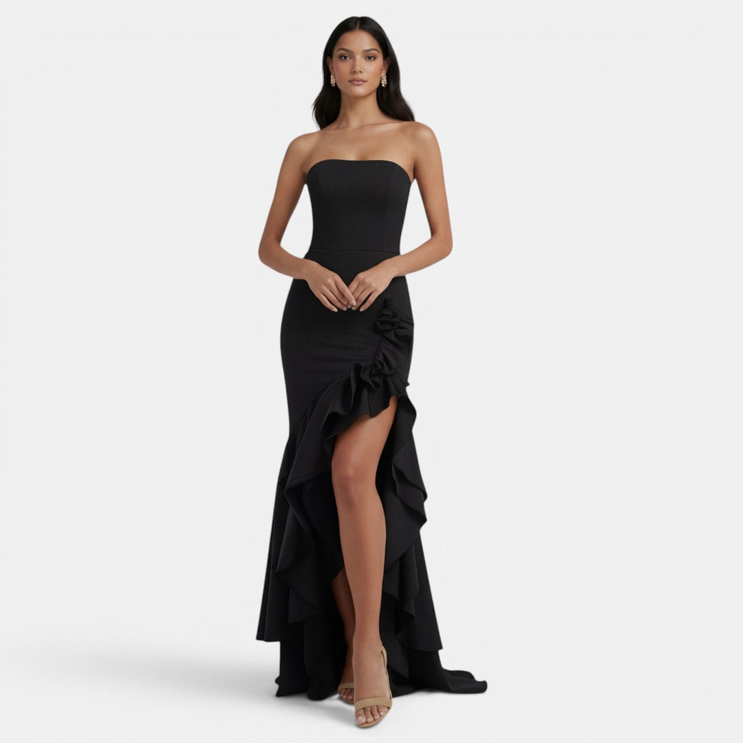 Women's Evening Maxi Dress with Strapless Bustier Ruffles and High Split