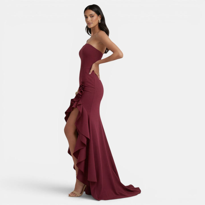 Women's Evening Maxi Dress with Strapless Bustier Ruffles and High Split