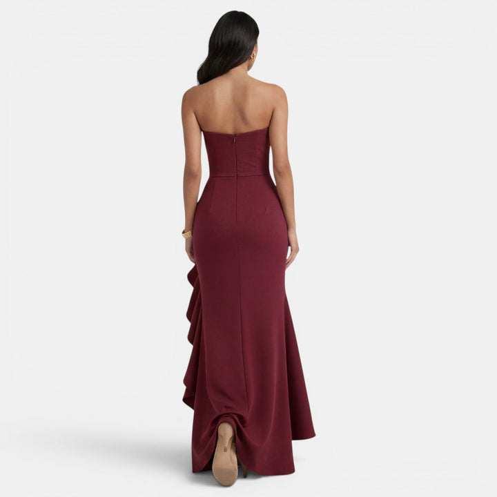 Women's Evening Maxi Dress with Strapless Bustier Ruffles and High Split