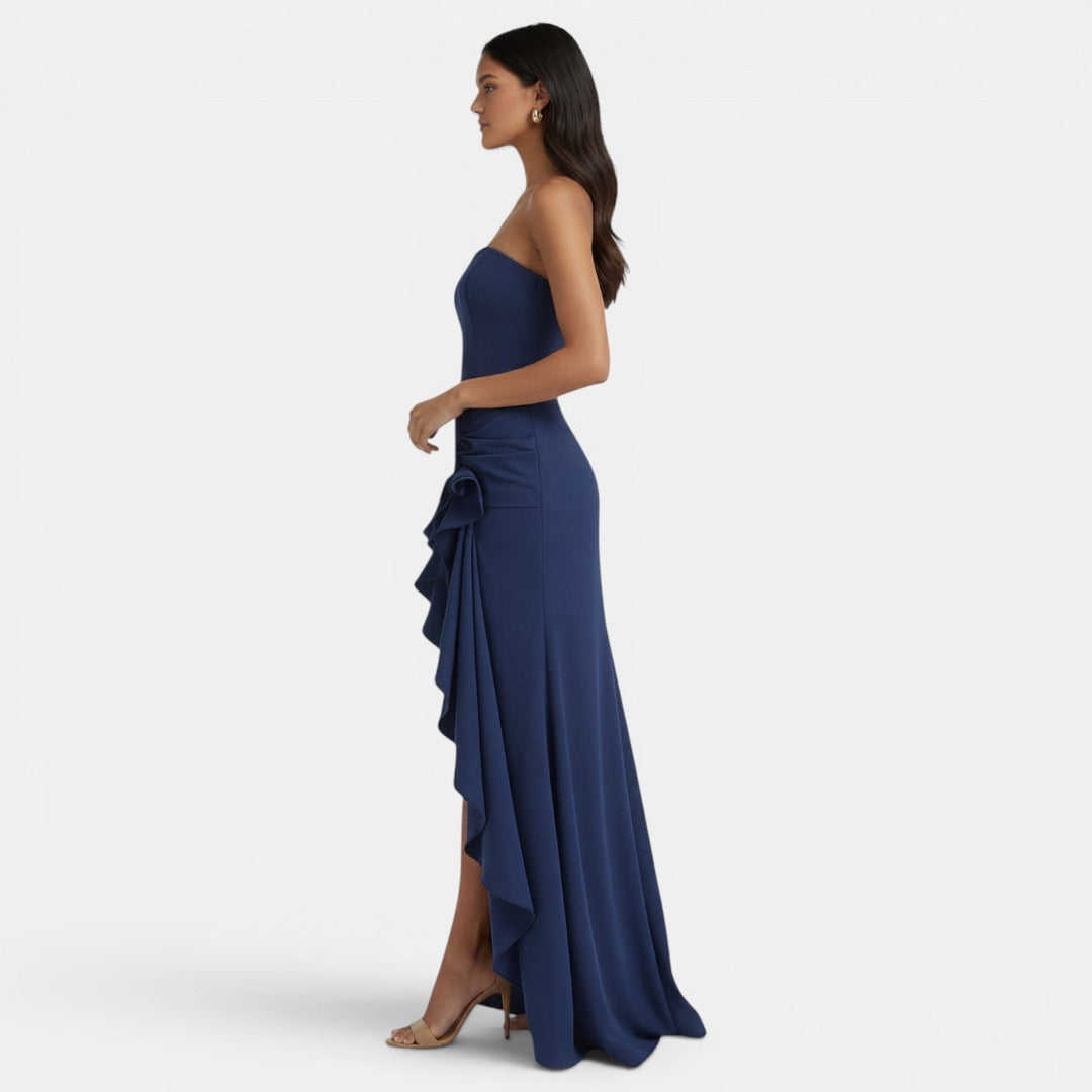 Women's Evening Maxi Dress with Strapless Bustier Ruffles and High Split