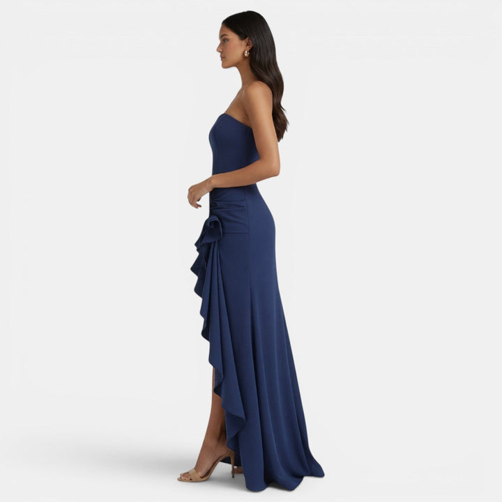Women's Evening Maxi Dress with Strapless Bustier Ruffles and High Split