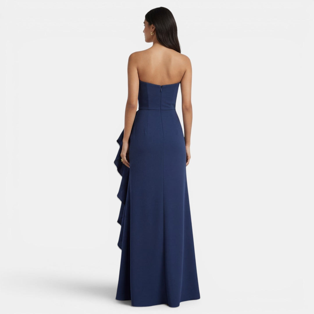 Women's Evening Maxi Dress with Strapless Bustier Ruffles and High Split