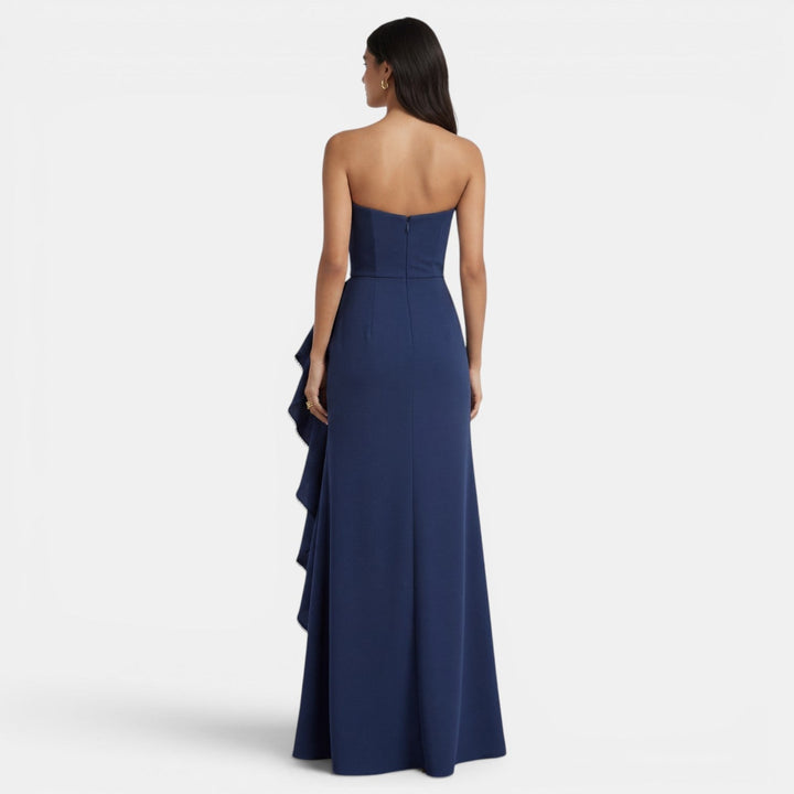 Women's Evening Maxi Dress with Strapless Bustier Ruffles and High Split
