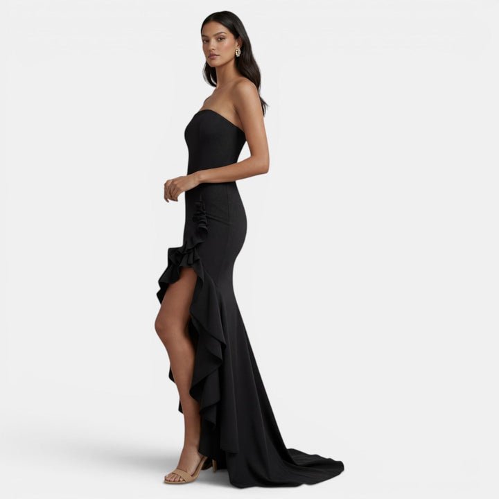Women's Evening Maxi Dress with Strapless Bustier Ruffles and High Split