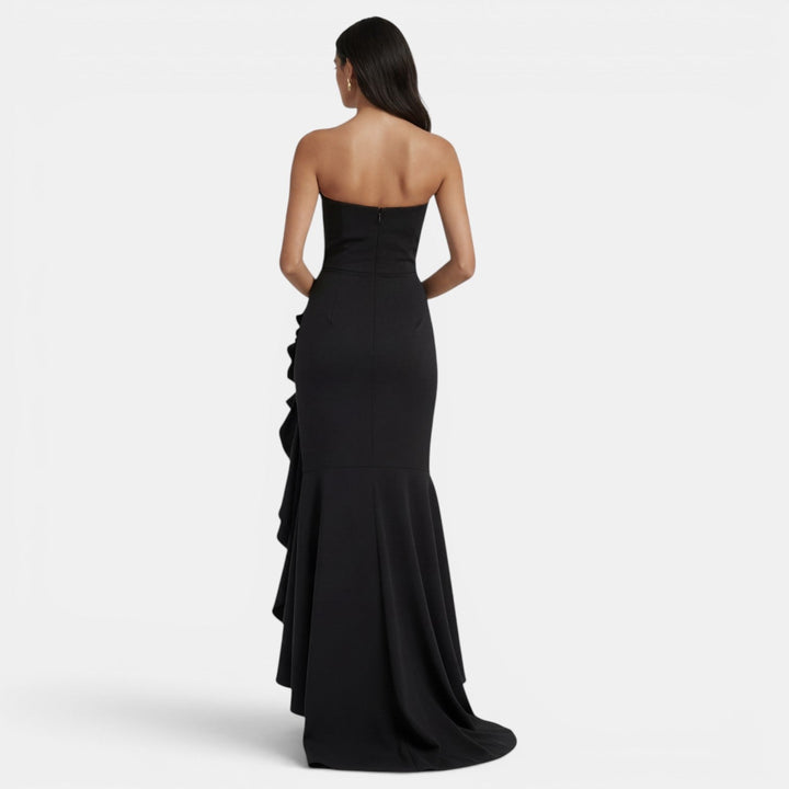 Women's Evening Maxi Dress with Strapless Bustier Ruffles and High Split