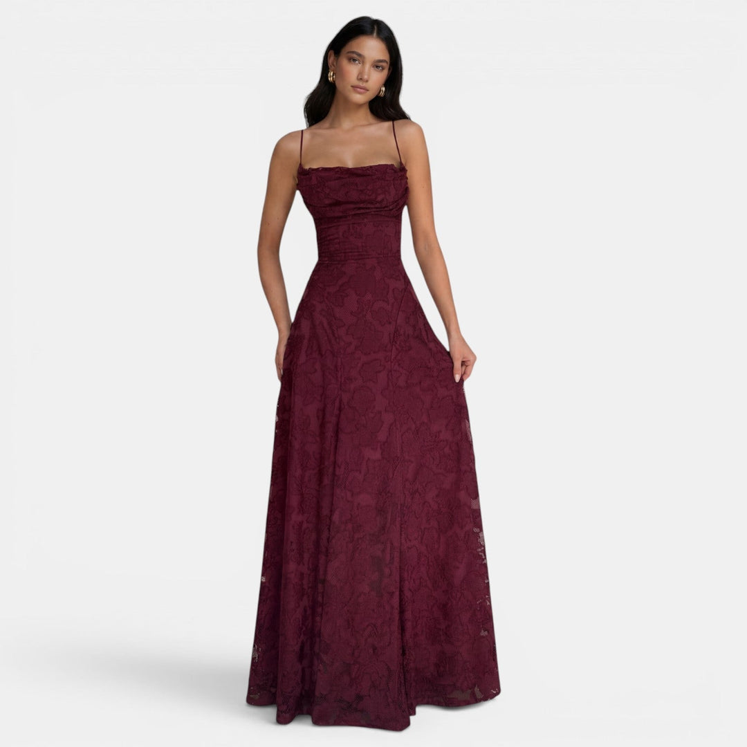 Women's Evening Maxi Dress with Strapless Neckline and Floral Lace