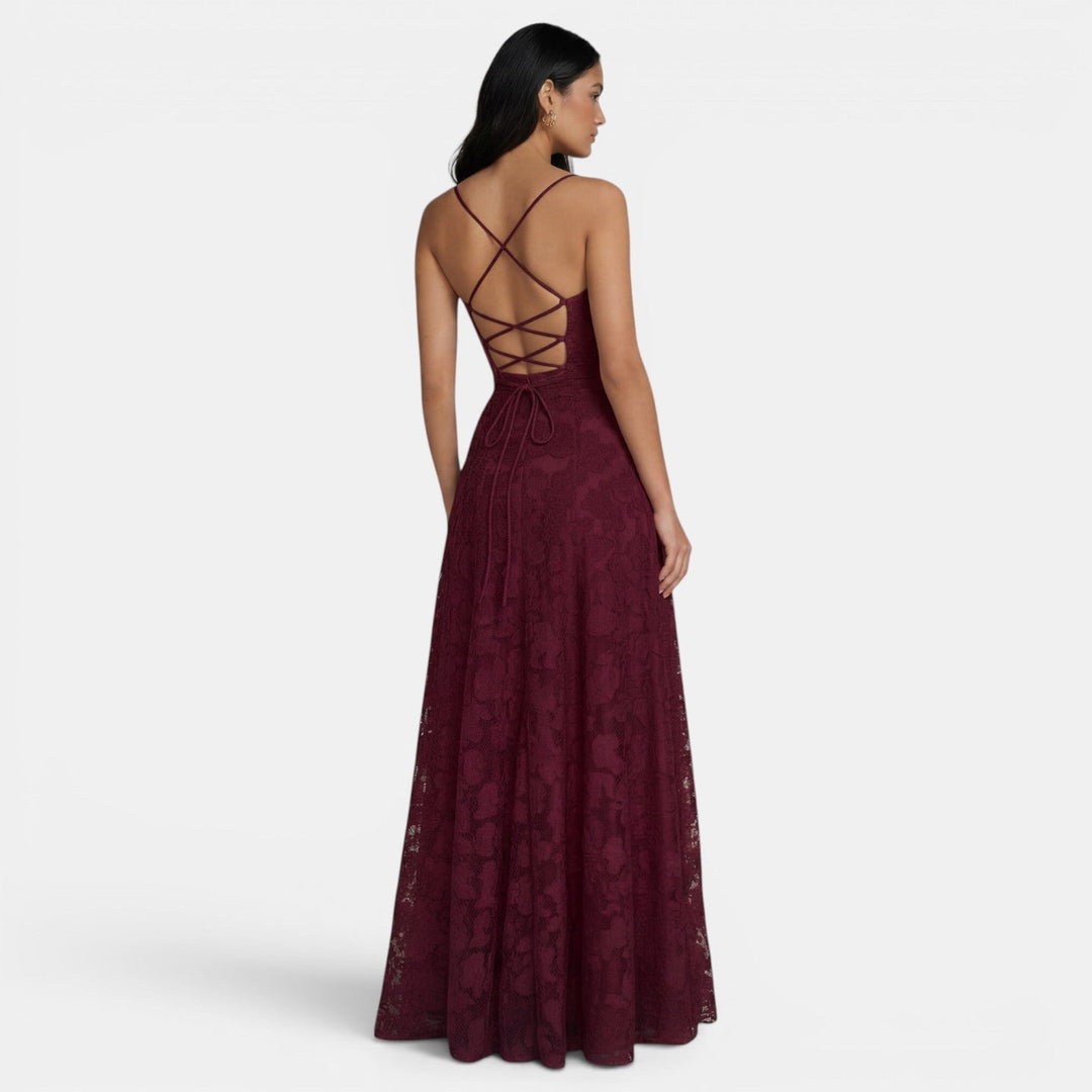 Women's Evening Maxi Dress with Strapless Neckline and Floral Lace