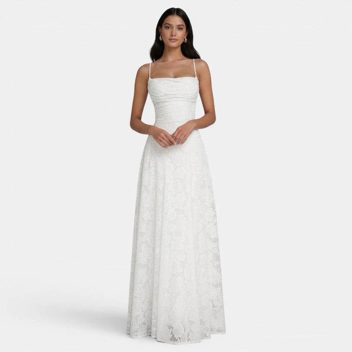 Women's Evening Maxi Dress with Strapless Neckline and Floral Lace
