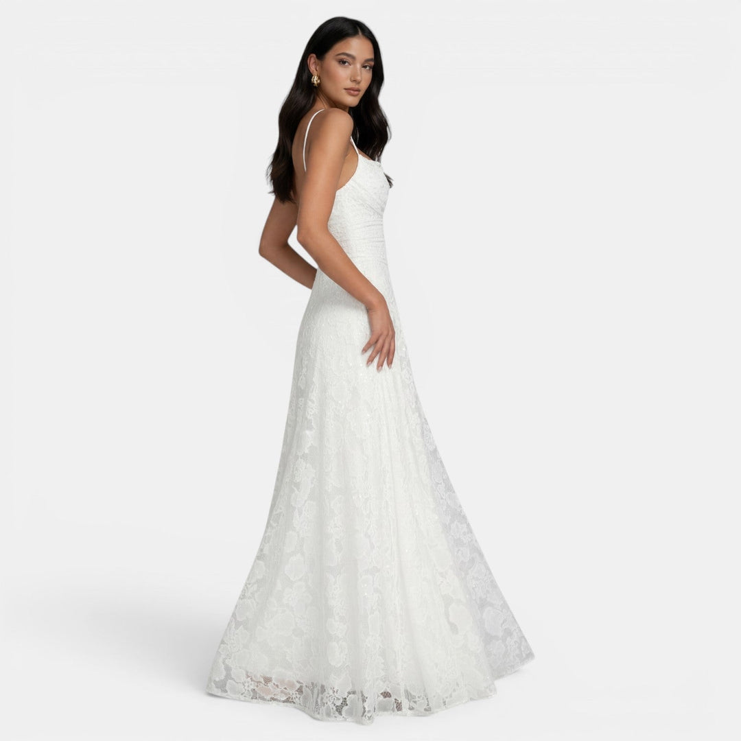 Women's Evening Maxi Dress with Strapless Neckline and Floral Lace