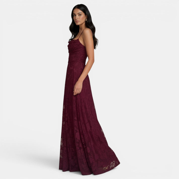 Women's Evening Maxi Dress with Strapless Neckline and Floral Lace