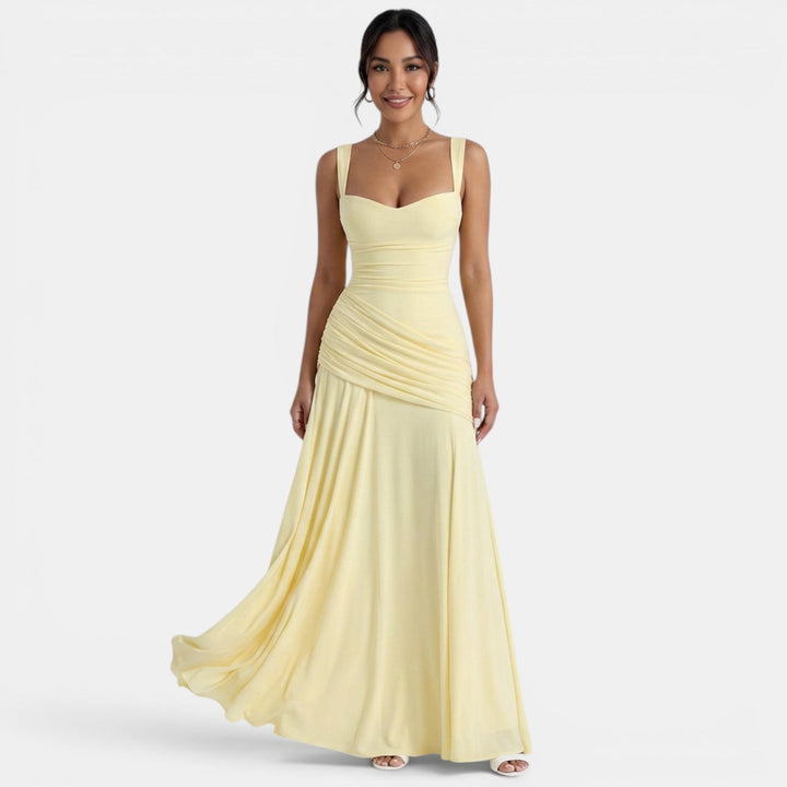 Women's Wedding Guest Maxi Dress with Draped Back and Wide Straps