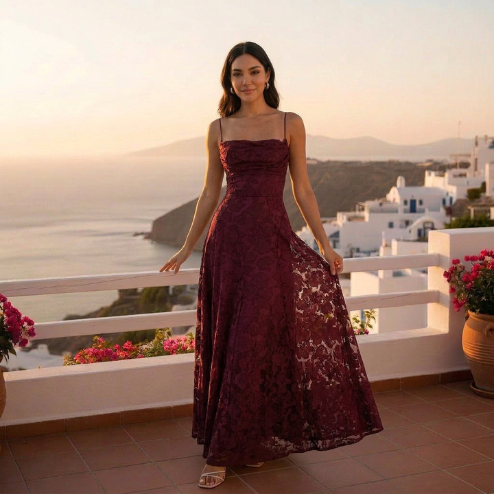 Women's Evening Maxi Dress with Strapless Neckline and Floral Lace