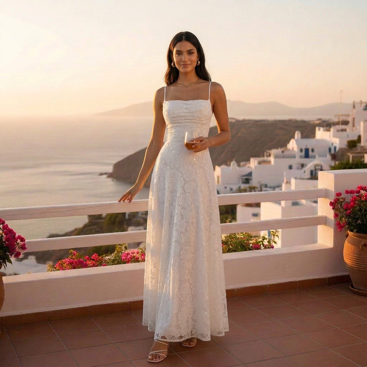 Women's Evening Maxi Dress with Strapless Neckline and Floral Lace
