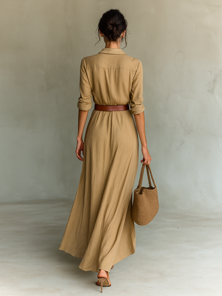 Women's Shirt Maxi Dress with Button Front and Tie Waist