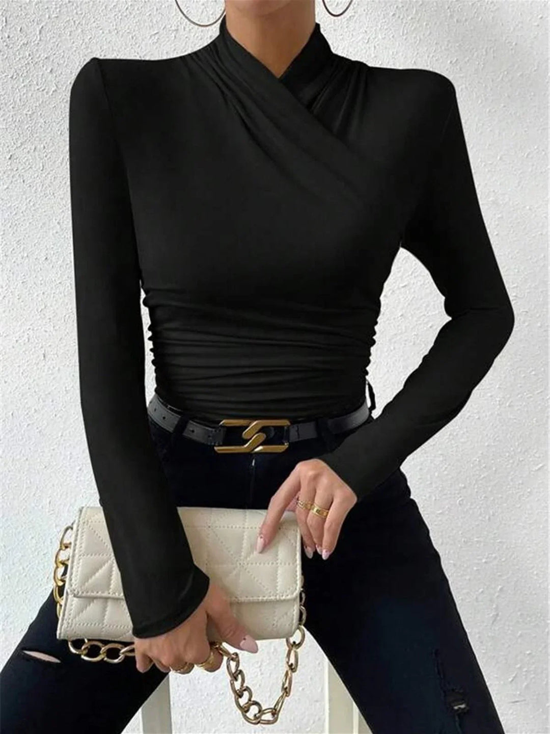 Women's Ribbed Top with High Neck and Long Sleeves