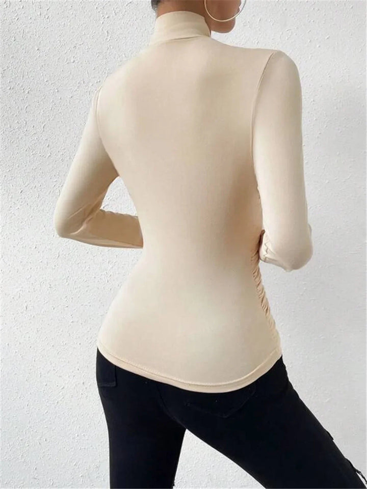 Women's Ribbed Top with High Neck and Long Sleeves