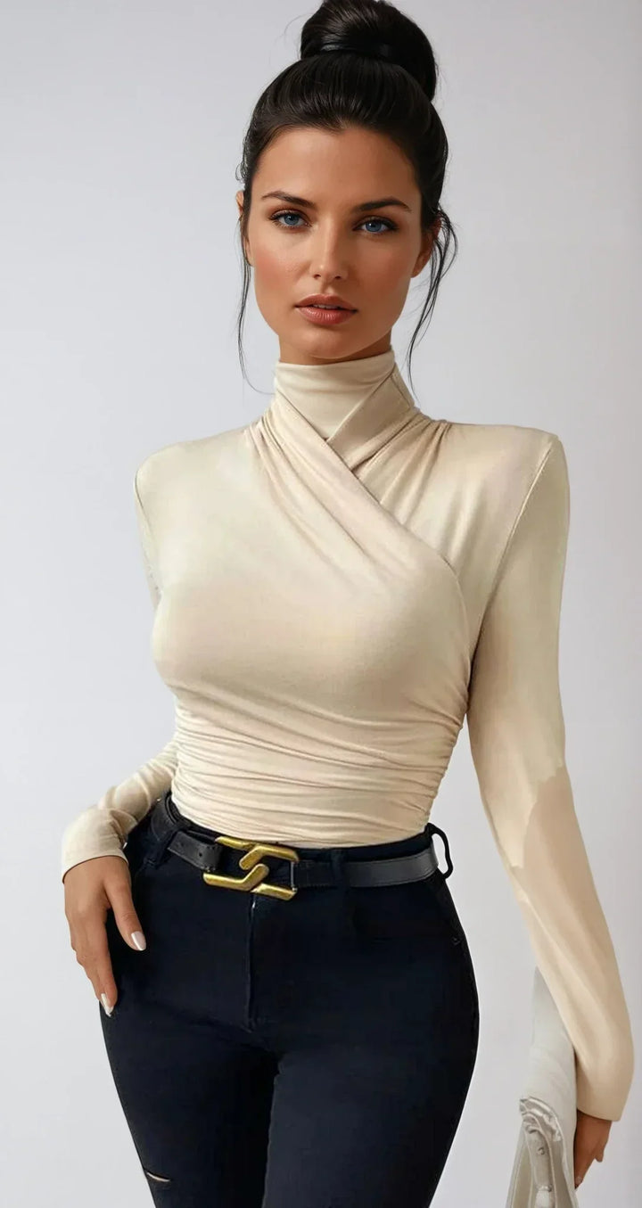 Women's Ribbed Top with High Neck and Long Sleeves