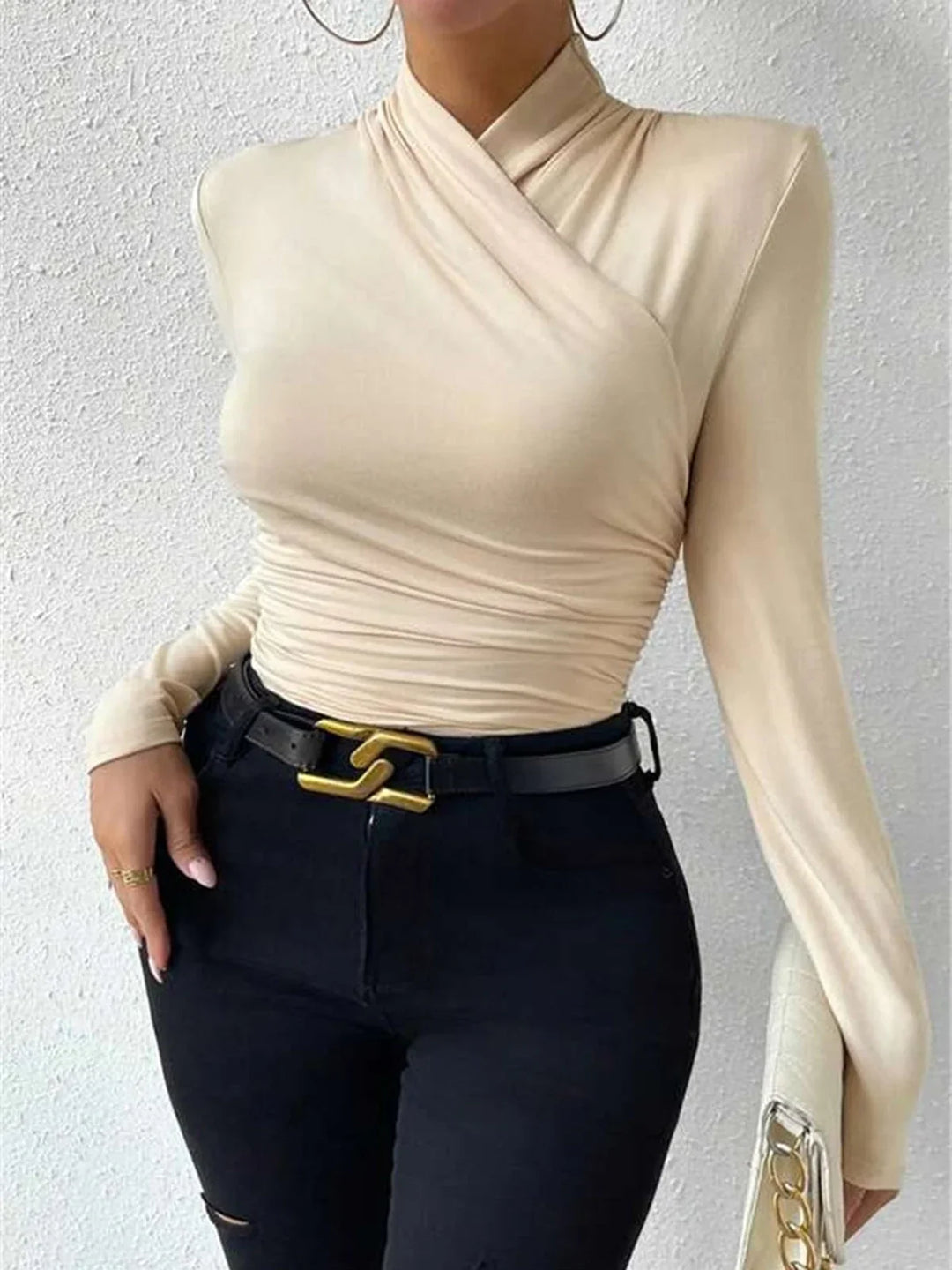 Women's Ribbed Top with High Neck and Long Sleeves