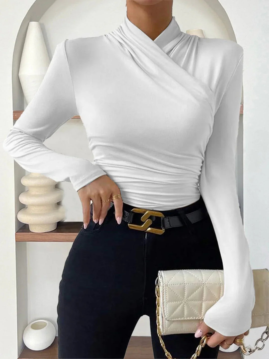 Women's Ribbed Top with High Neck and Long Sleeves
