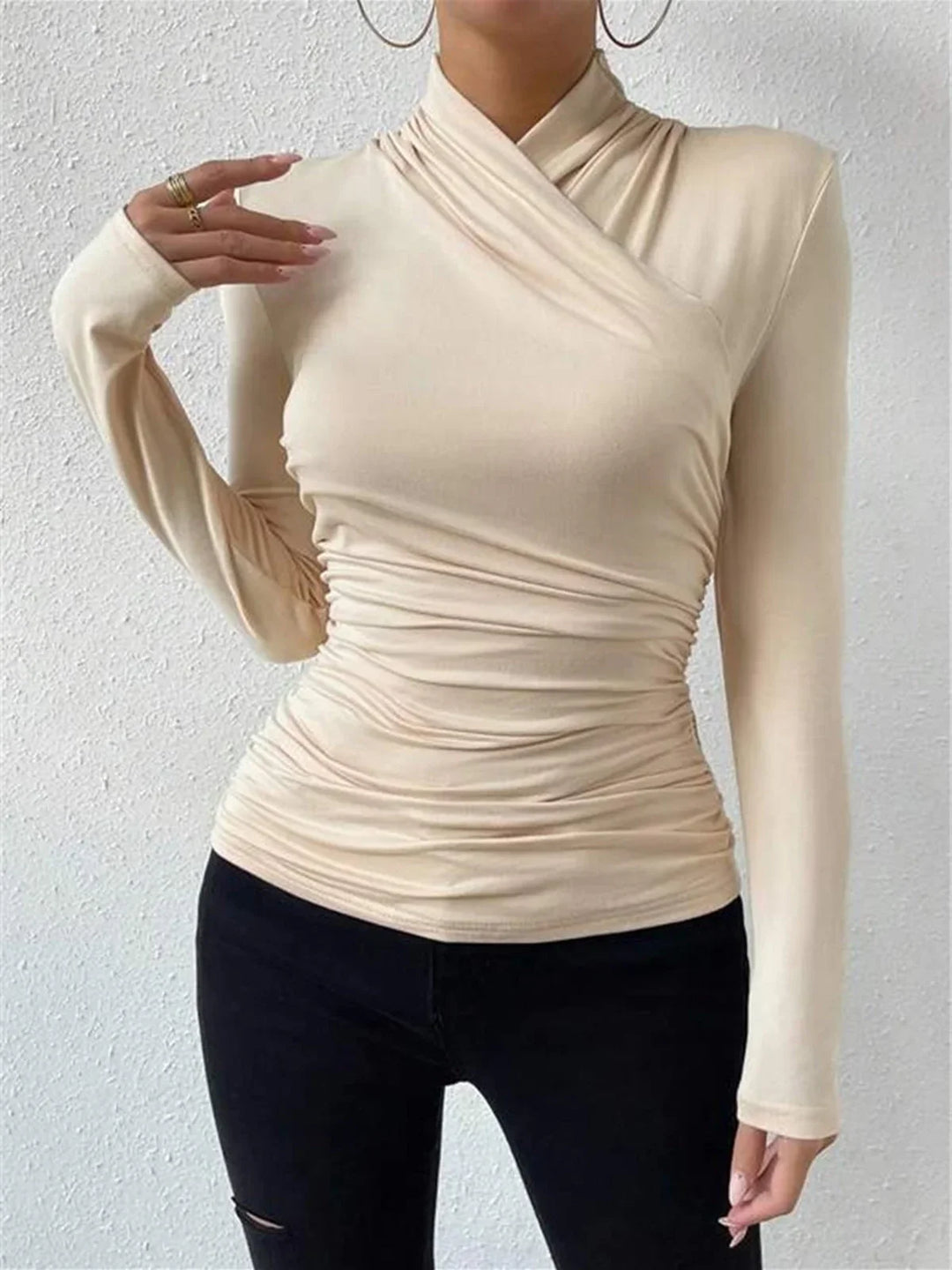 Women's Ribbed Top with High Neck and Long Sleeves