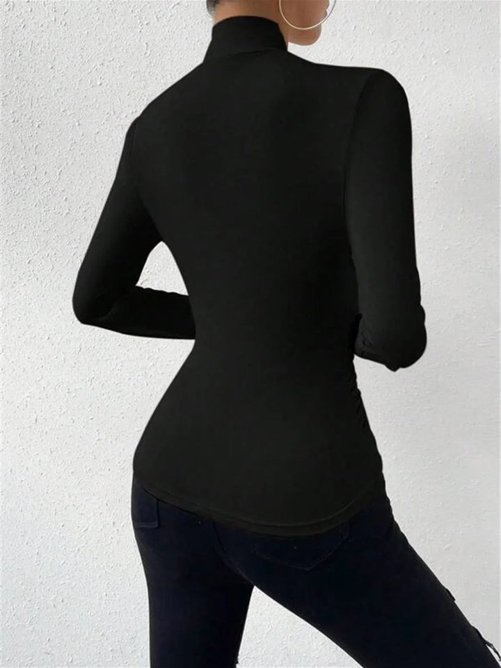 Women's Ribbed Top with High Neck and Long Sleeves