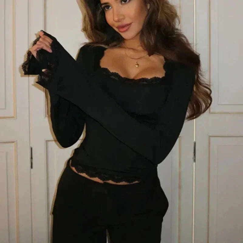 Women's Lace Top with Long Sleeves and Square Neckline