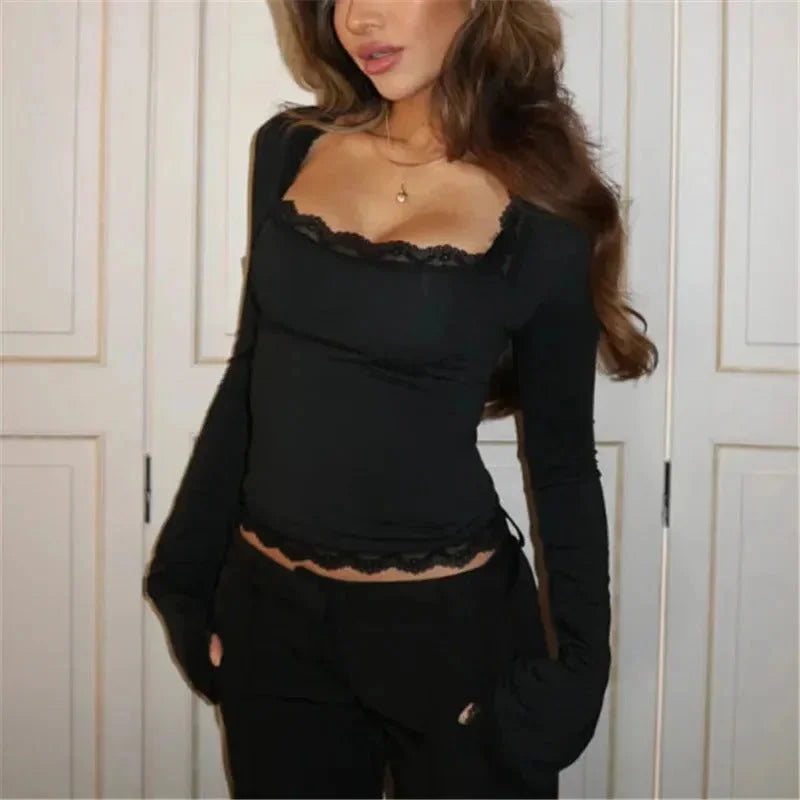 Women's Lace Top with Long Sleeves and Square Neckline