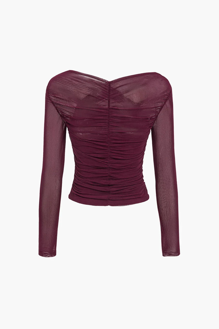 Women's Sheer Blouse with Long Sleeves and Pleated Detail