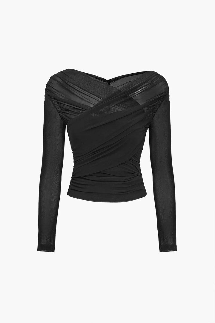 Women's Sheer Blouse with Long Sleeves and Pleated Detail