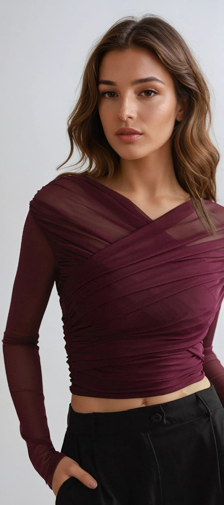 Women's Sheer Blouse with Long Sleeves and Pleated Detail